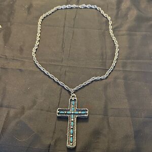 Vintage Southwestern Silver Tone Turquoise Inlay Cross Necklace